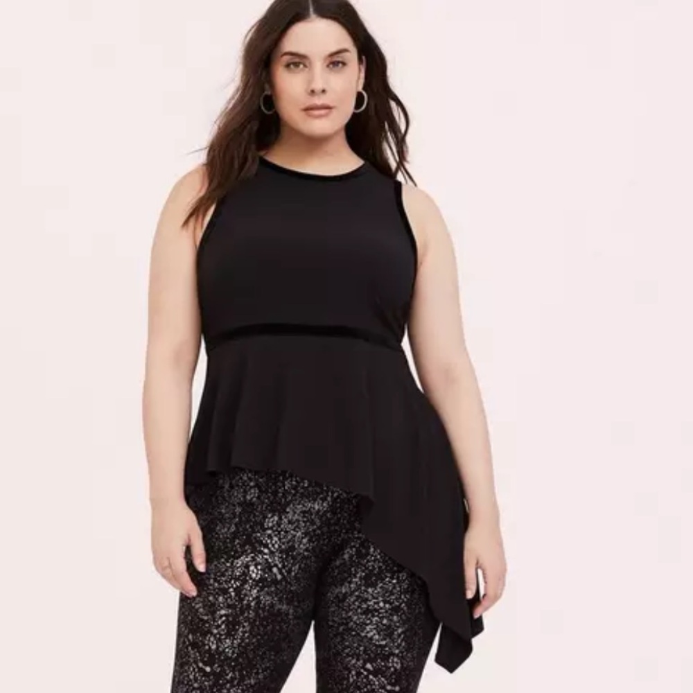 Torrid Black Crepe & Velvet Trim Asymmetrical Peplum Top NWT